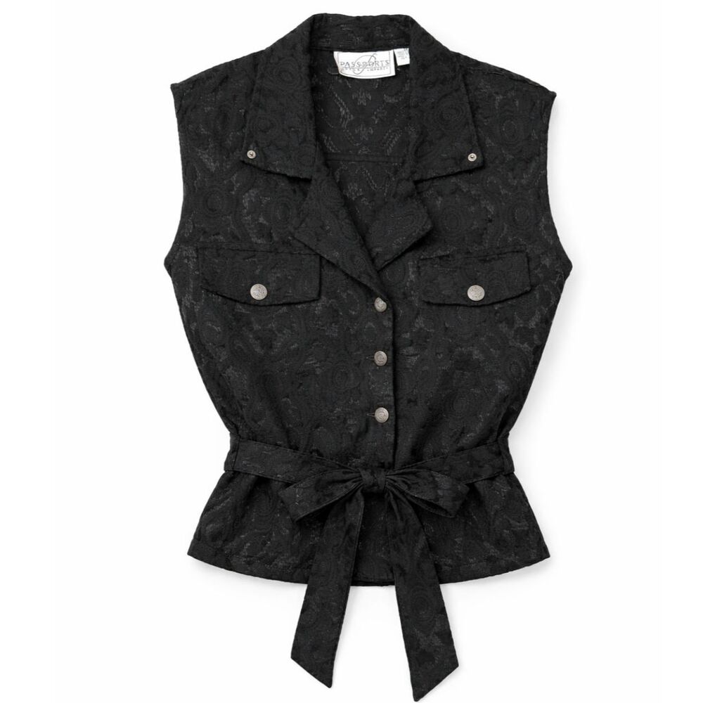 Vintage Passports Black Textured Utility Vest Boho Grunge 90s Button Front M